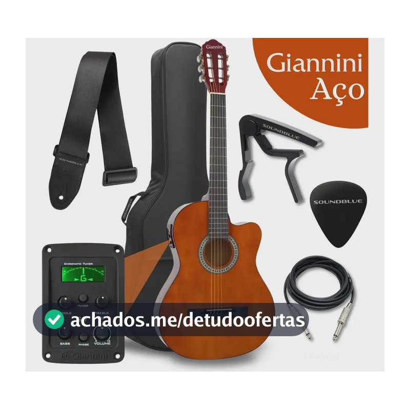 Kit Violao Giannini Eletroacustico Corda Aço Destro Flat Cutaway Profissional Eletrico Acustico Estudo Iniciante Natural Acessorios Completo Afinador Equalizador Correia Capa Cabo Bag Soundblue
