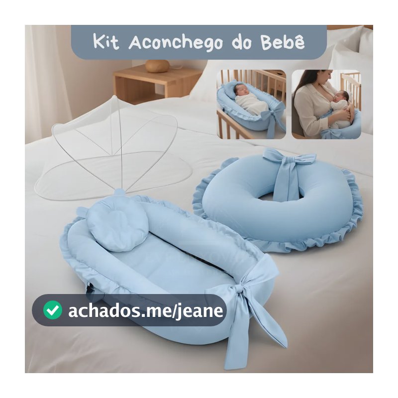 Kit Ninho Redutor e Almofada Amamentação e Mosquiteiro Bebê Maternidade Toque Macio Cor Azul Claro
