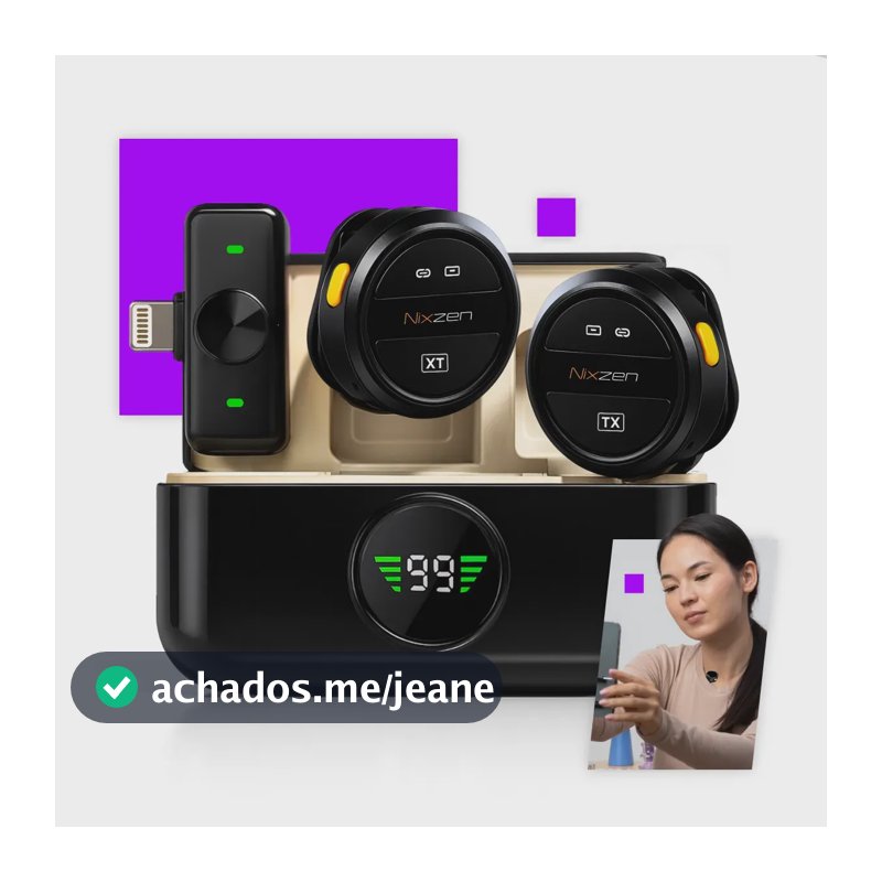 Microfone Lapela Redondo Sem Fio Duplo Anti Ruído Lightning P/ iPhone 8 ao 14 Com Caixinha Para Carregamento Celular Youtuber Video Gravação TikTok Instagram Vlog Portátil Redondinho Cor Preto Nixzen