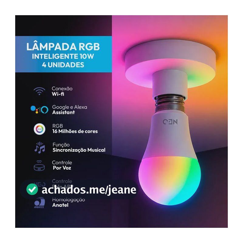 Kit 4 Lampadas Led Pera Smart Inteligente Wi Fi 2.4ghz Alexa Google 10w Rgb 2700k/6500k Branco Quente/neutro/frio E27 Cod: 290028177-4 Avant Neo