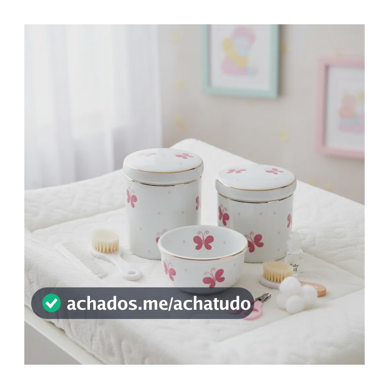 Kit Higiene Porcelana Bebê Borboletas Moderno Rosa 3 Peças Branco/ouro