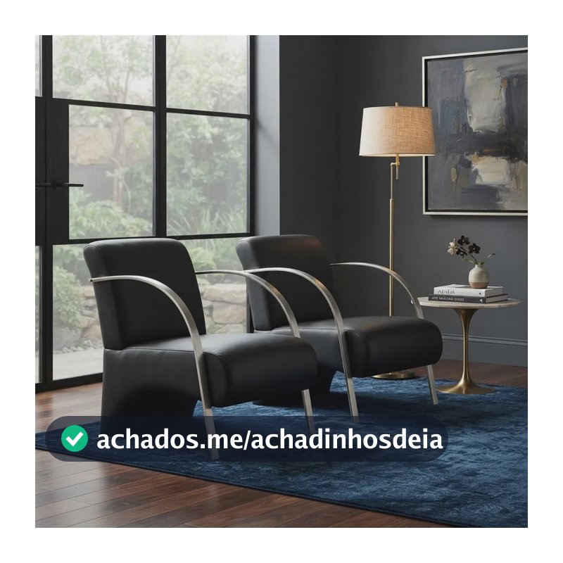 Poltrona Predoli, Braço Alumínio Sala Recepção Barbearia 2un Preto Couro Sintético