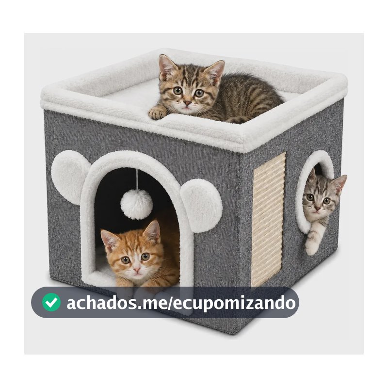 Casinha Dobrável Para Gatos 2 Andares Com Arranhador Sisal Cinza