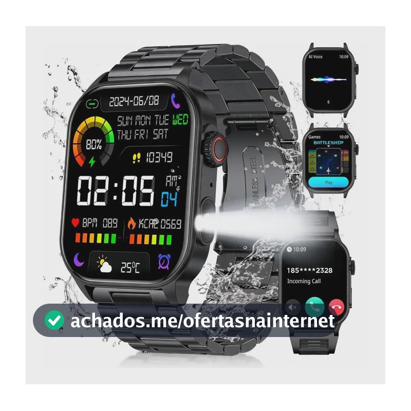 Smartwatch Relógio Inteligente Masculino Militar Esportivo Preto Aço Inoxidável