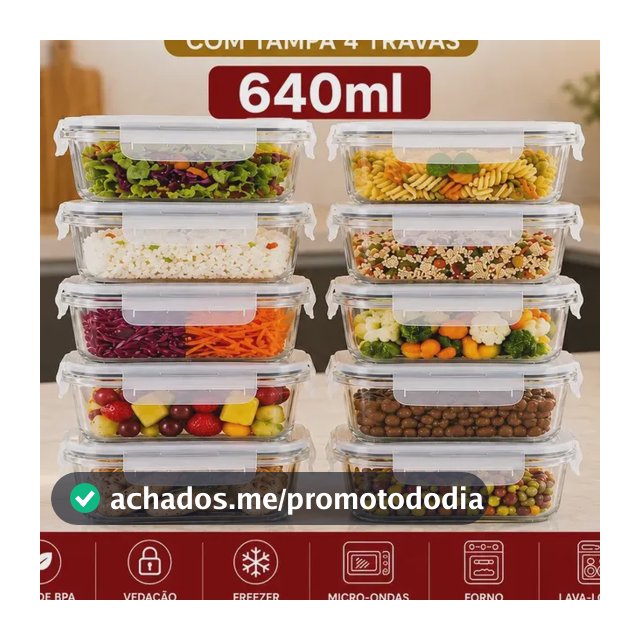 Kit 10 Potes Herméticos Vidro 640ml Starhouse Marmita Forno Micro-ondas Airfryer com 4 travas de super vedação