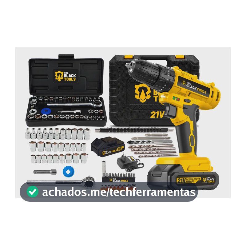 Furadeira Parafusadeira Impacto A Bateria 21V Com Jogo De Chaves Catraca Reversível e Soquetes 40 Peças The Black Tools