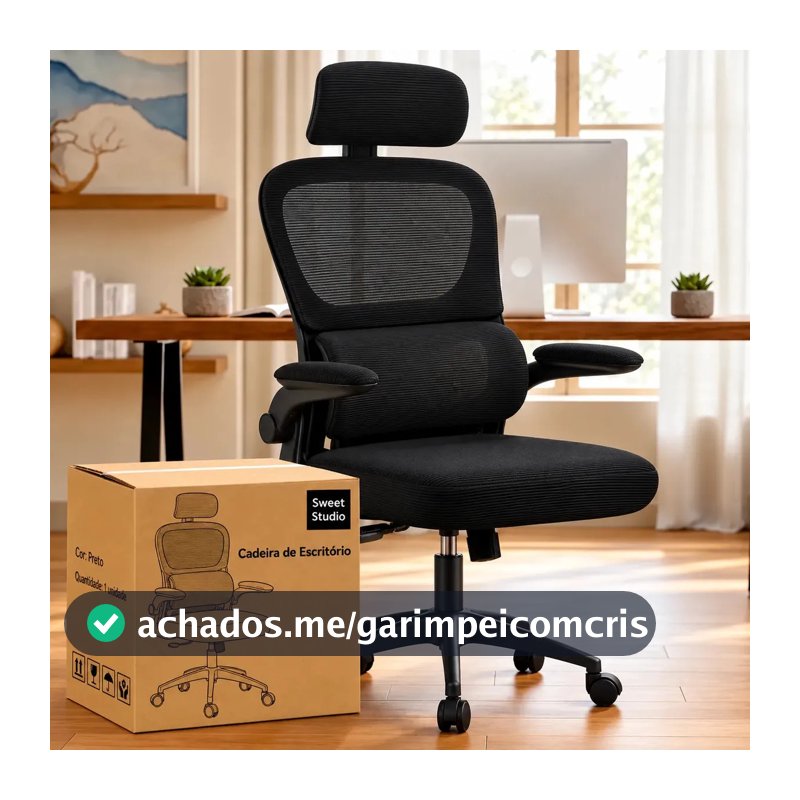 Cadeira de Escritório Sweet Studio Ergonômica Preta, com Apoio de Cabeça e Suporte Lombar
