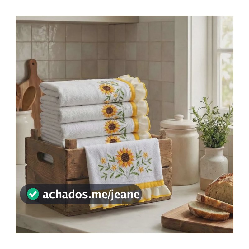Kit de Panos de Prato Semaninha com Bordado de Girassol em Algodão Branco