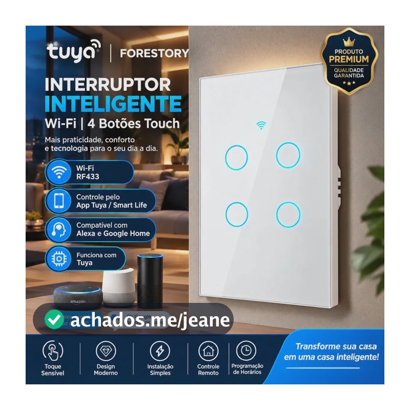 Forestory Interruptor Inteligente Dimmer Wifi 4 Botão Touch Alexa Touch Tuya Smart Life Alexa Google Home Aligenie Yandex Alice Smart Automação Compatível Wifi 2.4ghz Rf433 Bluetooth 100-240v 10a