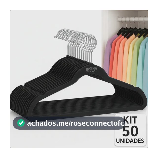 Kit 50 Cabides Veludo Preto Antideslizante Slim IRSINA Aço Inox