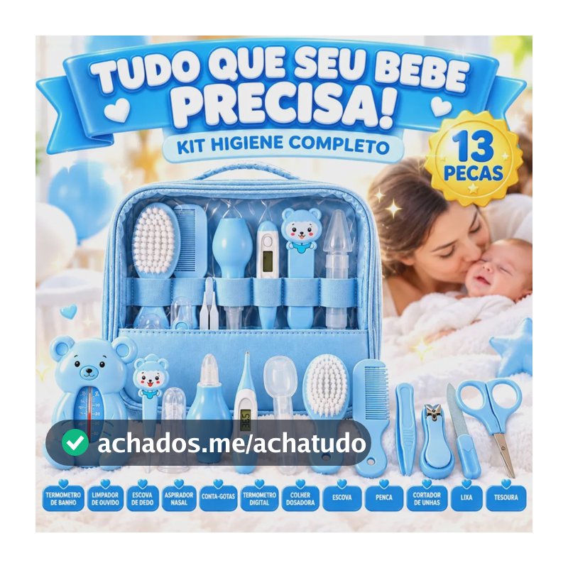 Kit Higiene Cuidados Bebê Azul Recém Nascido Completo 13 Peças Bolsa Maternidade Termômetro Digital Aspirador Nasal Escova Pente Cortador De Unha Azul Menino Chá De Bebê Presente Louis Riel Acustico