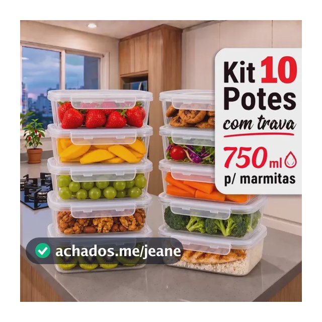 Kit 10 Potes 750ml Com Tampa Trava Plástico Transparente Para Mantimentos E Alimentos Marmita Organizador De Cozinha Geladeira E Freezer Jogo De Potes Para Organização Ponte Lar Utilidades