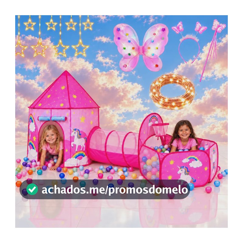 Barraca Infantil Casinha Cabana 4 Em 1 Castelo + Fantasia Unicórnio Nas Estrelas Rosa Menina Tenda Criança Bebê Portátil Túnel Piscina de Bolinha Cesta Basquete Presente Brinquedo Faz De Conta