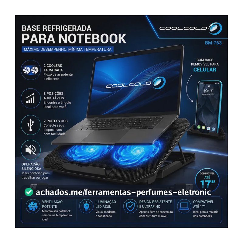 Suporte Notebook Coolcold Com 2 Cooler Ventoinhas Base Mesa Led Refrigerada Ventilação Silenciosa Cor Preto Led Azul Laptop Notebook Até 17 Polegadas