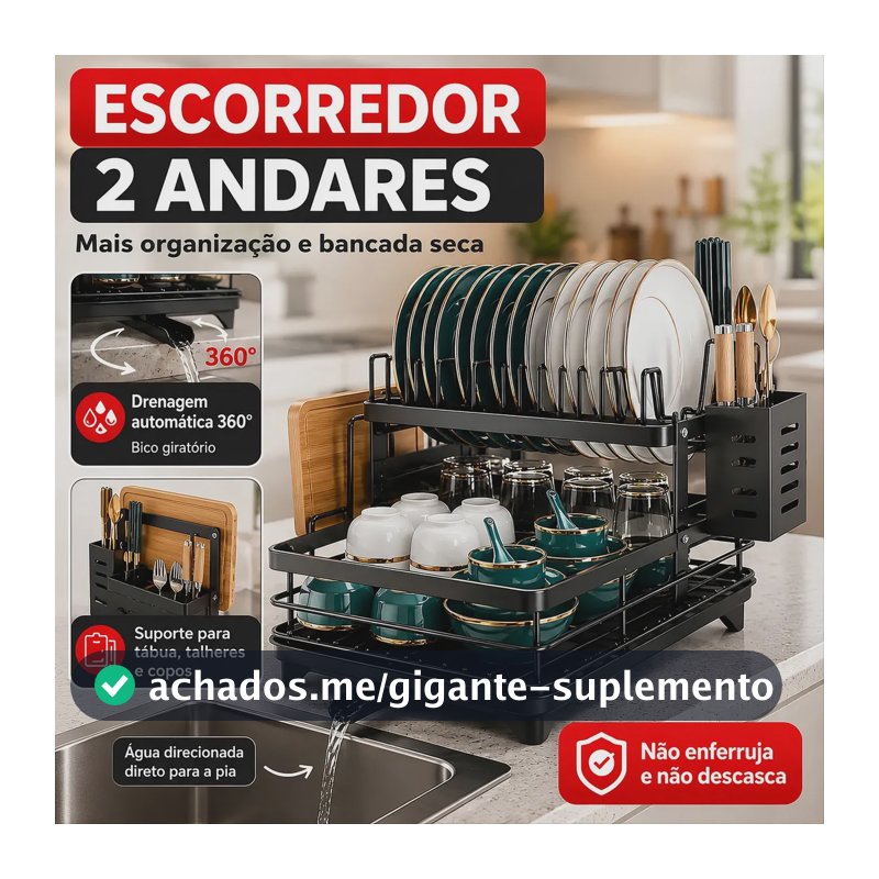 Escorredor De Louça Inoxidável 2 Andares Drenagem Automática Bandeja Grande 360o Organizador Pia Com Porta Talheres Tigelas Pratos