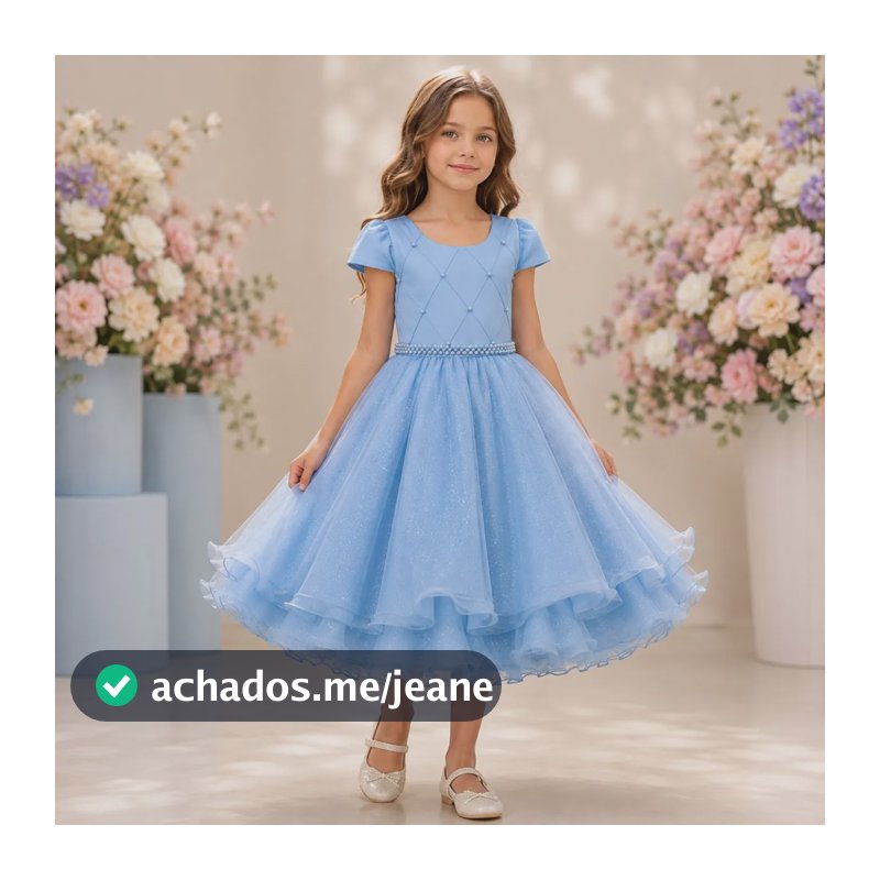 Vestido Infantil Princesa Pérola Festa Luxo Saia De Brilho Azul Bêbe 8