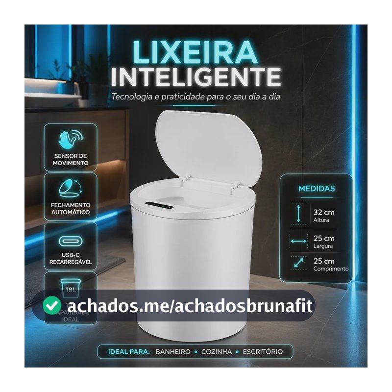 Lixeira Inteligente Automática Branca Universal Com Sensor Lumi Recarregável Anti Odor 16L