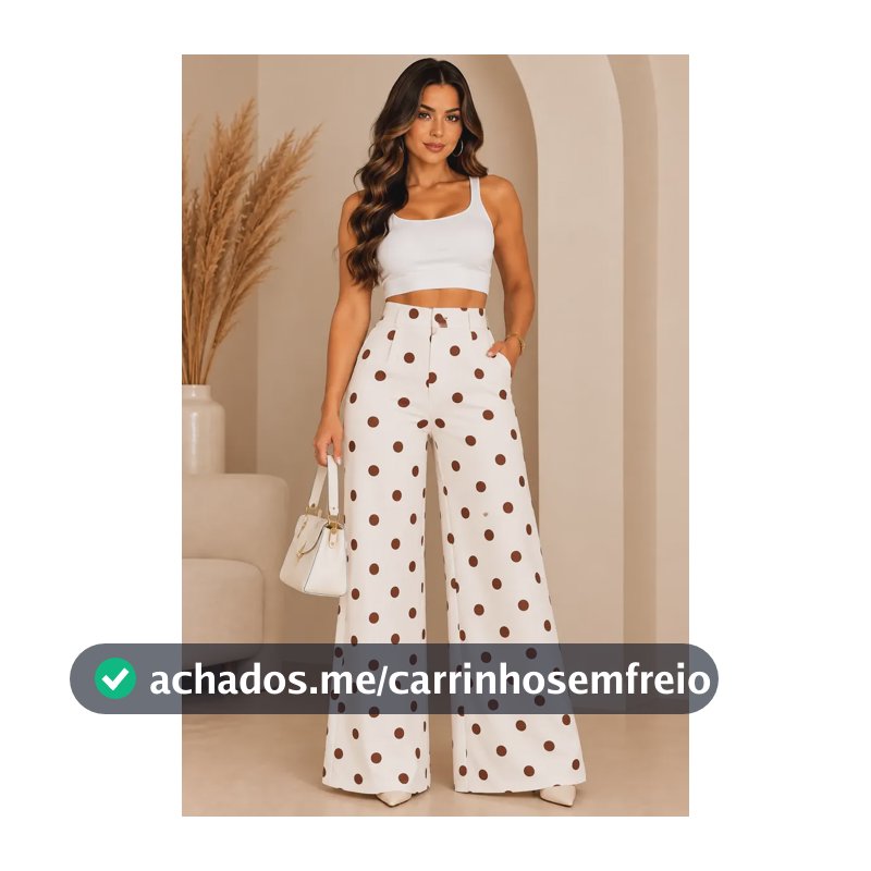 Calça Pantalona Alfaiataria Feminina Poá Wide Leg Elegante Branco Poá Marrom G
