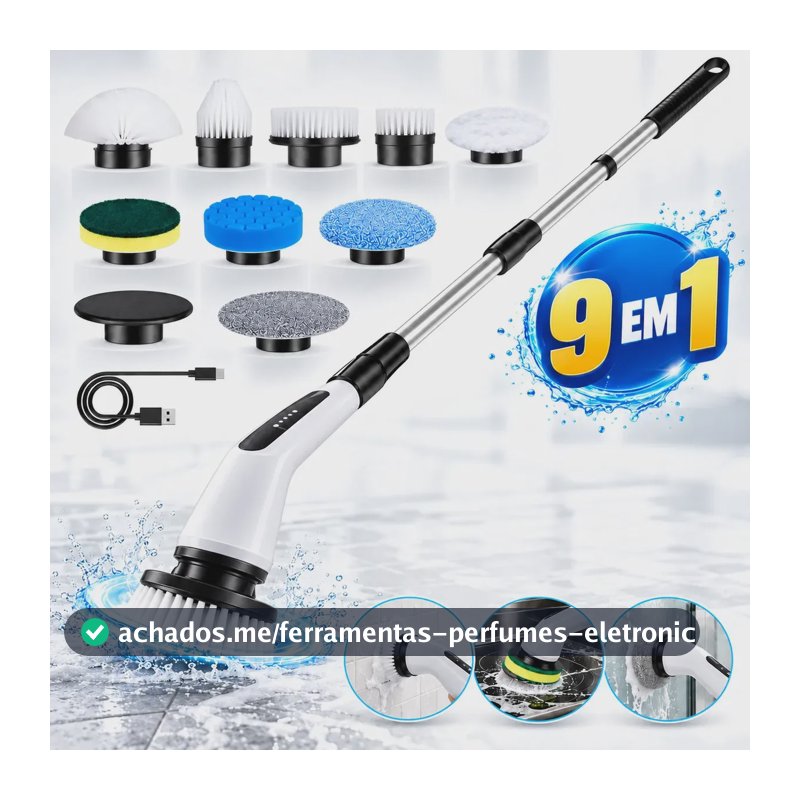 Escova Elétrica de Limpeza 9 em 1 Multifuncional Recarregável USB-C para Casa Banheiro Cozinha e Carro - Multicontrol