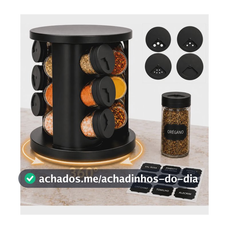 Porta Temperos Condimentos 9 Potes De Vidro Base Giratória 360° 9 Etiquetas Adesiva Organizador Cozinha Dosador Suporte Bancada Mesa Orégano Sal Páprica Pimenta Indue Variedades
