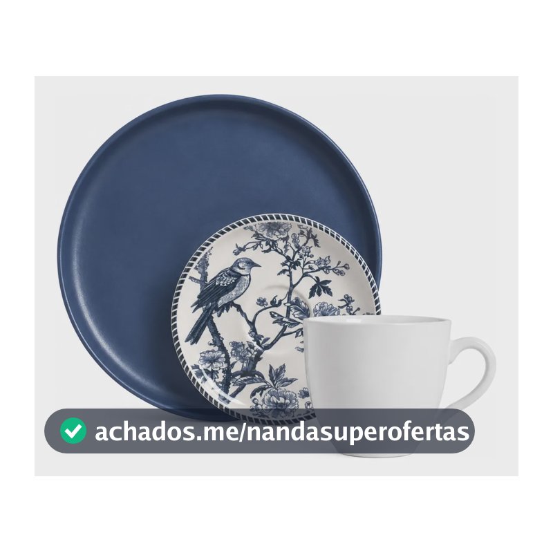 Jogo 3pçs Prato Xícara Chá 170ml Pires Rouxinol Porto Brasil Azul Escuro E Branco Boreal E Rouxinol