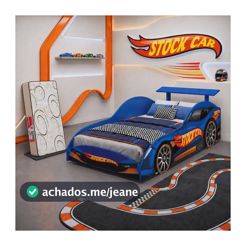 Cama Juvenil Stock Car Azul com Colchão 150x70, da Móveis Bela