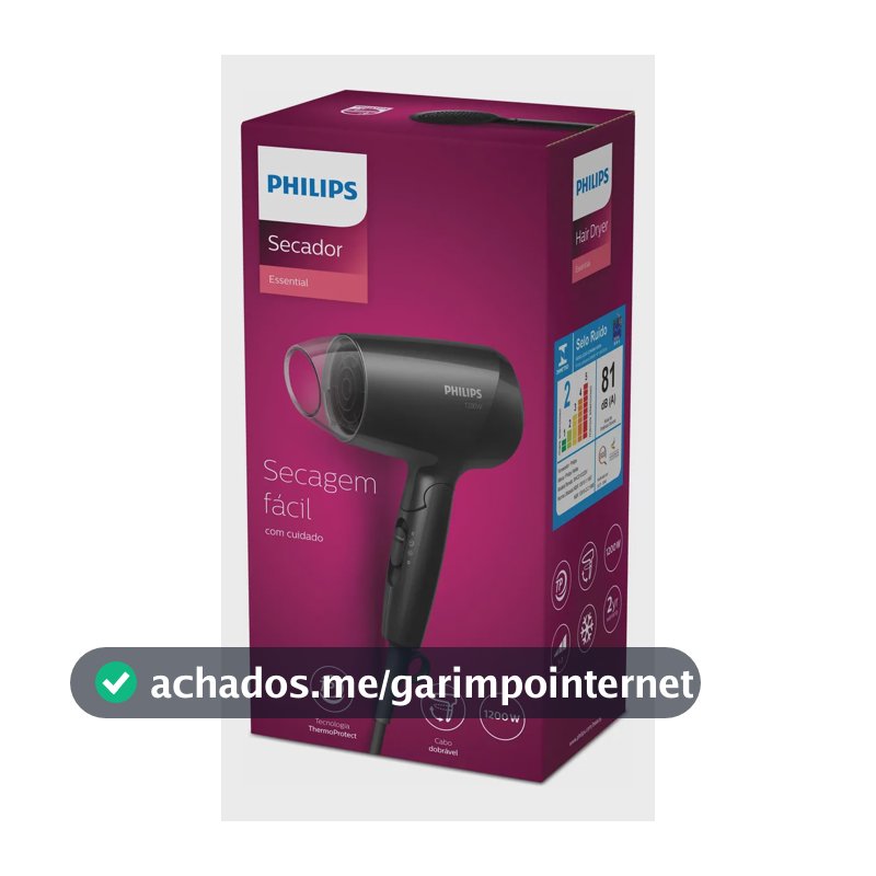 Philips Secador de Cabelo Essential 1200W Compacto com ThermoProtect Secagem prática e suave | Cabo dobrável para viagem | 3 ajustes de secagem | BHC010/81