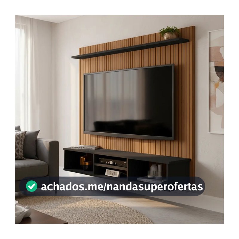 Painel TV Ripado Preto 3D com Nichos e Prateleira 50 Polegadas