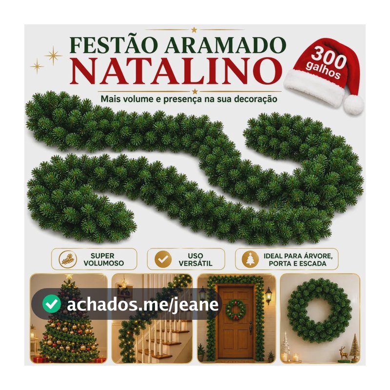Festão Aramado Natal Grosso 2,70 Metros C/ 300 Galhos Cheios Flexível Decoração de Natal Natalina Luxo