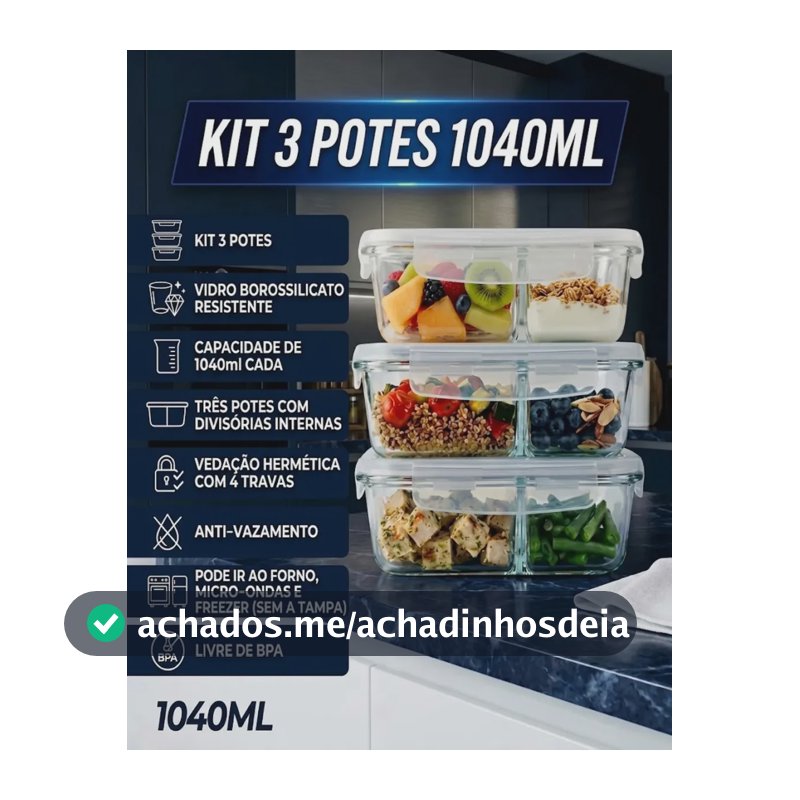 Kit 3 Potes de Vidro 1040ml com Divisória e Tampa Hermética Borossilicato Pítia