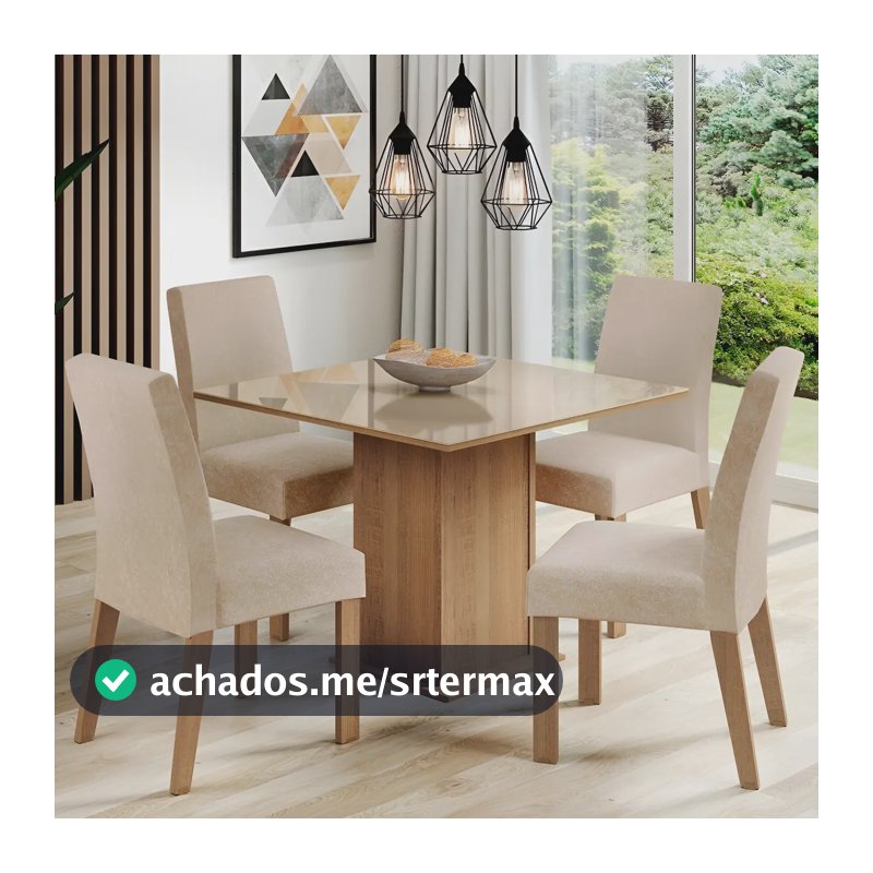 Sala De Jantar Estofada Madesa Evelin Mesa Tampo Vidro Com 4 Cadeiras Cor Rustic/Crema/Imperial MDJA0401037GSIM
