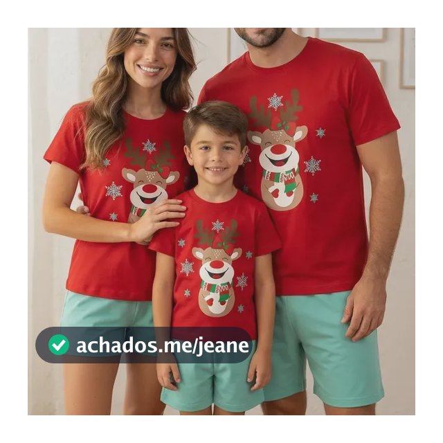 Kit Pijama Familia Natal Rena Pai Mãe Filho 3 Peças