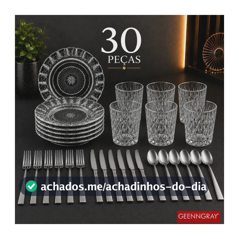 Jogo Kit 30 Peças Aparelho Jantar Completo Pratos Fundos Estrela + Copos Vidro Diamond + Talheres Inox Mesa Posta Geenngray