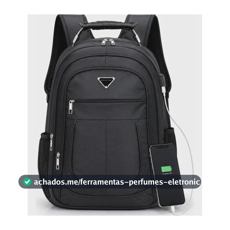 Mochila Notebook 17 Impermeável Reforçada Grande Masculina USB Escolar Trabalho Rincostar Preta Preto Liso