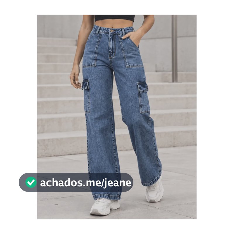 Calça Cargo Wide Leg Jeans Feminina Cintura Alta Bolsos Jeans Claro Liso 42