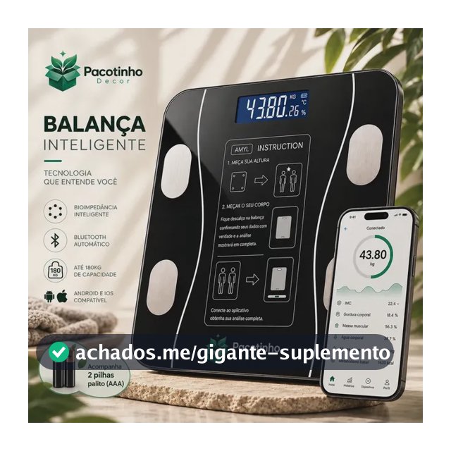 Balança Digital Smart Bioimpedância 180kg Bluetooth IMC Corporal App Android iOS Pacotinho Decor