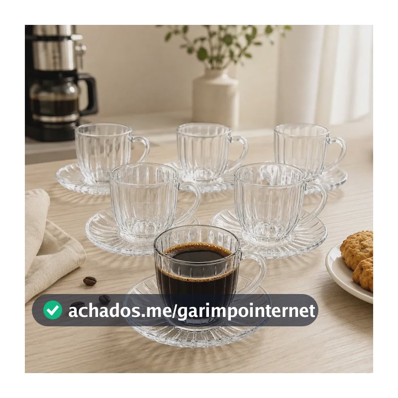 Jogo 6 Xícaras De Vidro Canelado Com Pires Cha e Café Espresso 100ml 12 peças