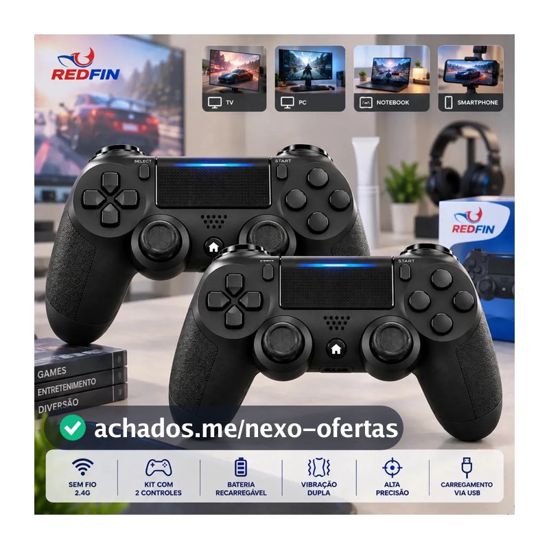 Kit 2 Controle Para Ps4 Sem Fio Redfin Para Ps4 Pc Bluetooth Touchpad Vibração Dupla Joystick Compatível PS4 Videogame TV PC Celular Android Manete Smart TV Headset - Redfin