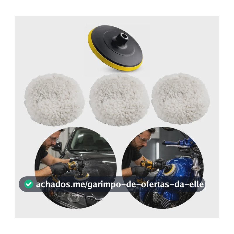 Kit Polimento Automotivo de Lã para Furadeira e Esmerilhadeira Com 3 Boinas e Adaptador