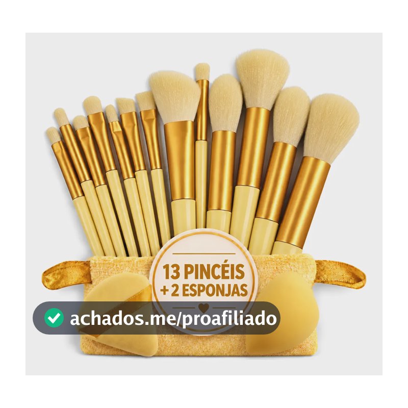 Kit Pincéis De Maquiagem 15 Peças: 13 Pincéis + 2 Esponjas Amarelo