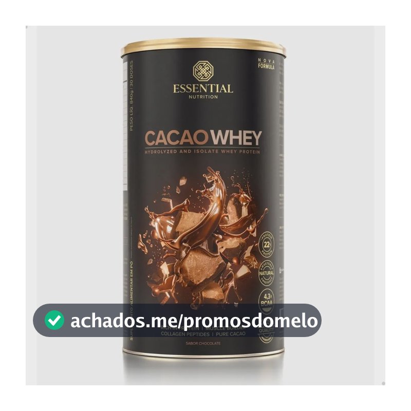 Cacao Whey Hidrolisado e Isolado Sabor Chocolate da Essential Nutrition 840g Com 30 Doses