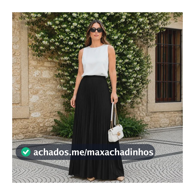 Saia Longa Feminina Plissada Cintura Alta Moda Evangélica Preto Liso Gg
