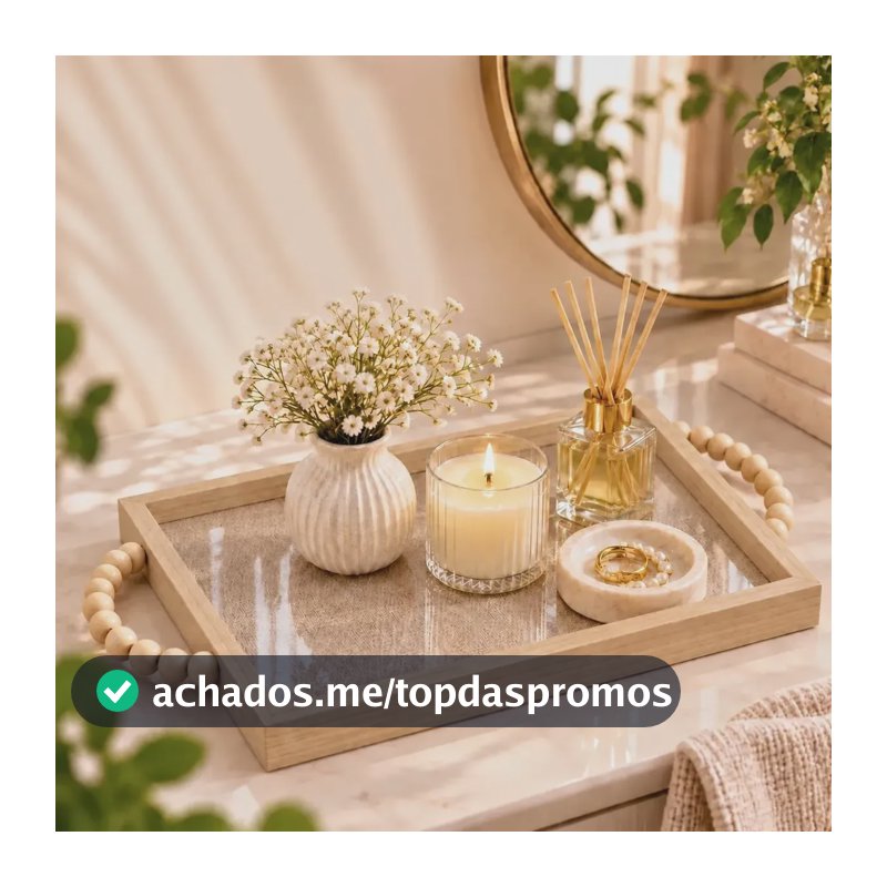Bandeja Decorativa Bambu Fundo Vidro E Linho Com Alça Contas Linho