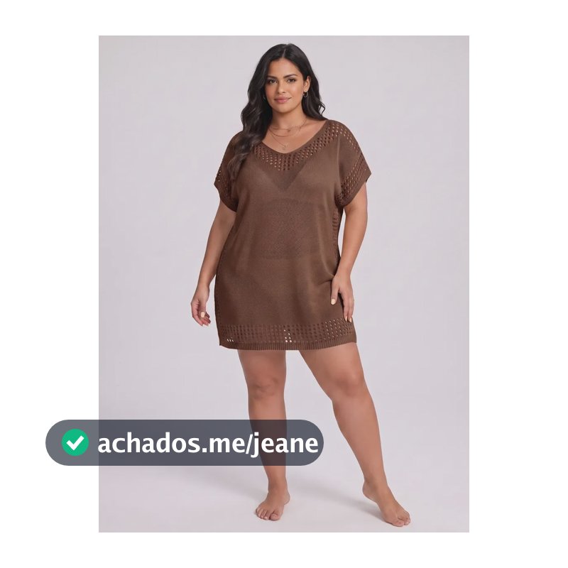 Saída De Praia Plus Size Grande Tricot Curta Vestido Croche Marrom Liso 44 Ao 52