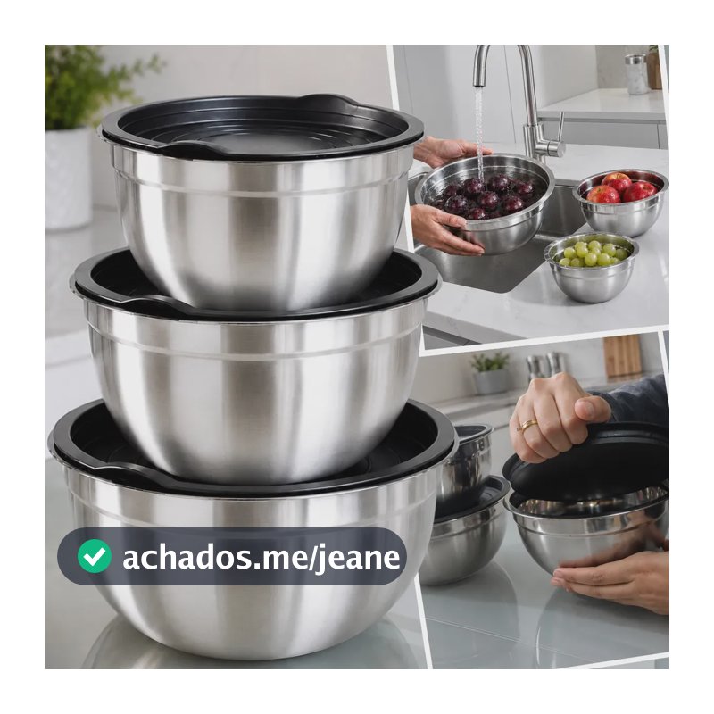 Kit 03 Tigela Bowl Com Tampa Plástica Bacia Inox Pote Utensílio Doméstico E Cozinha Para Geladeira Marca Kururuá