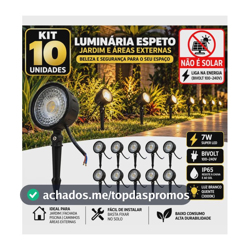 Kit 10 Luminária Espeto Jardim Super Led 7w Ip65 Prova Dágua 127/220v Preto /refletor Espeto Jardim Super Led 7 Branco Quente W Prova Dágua Branco-quente