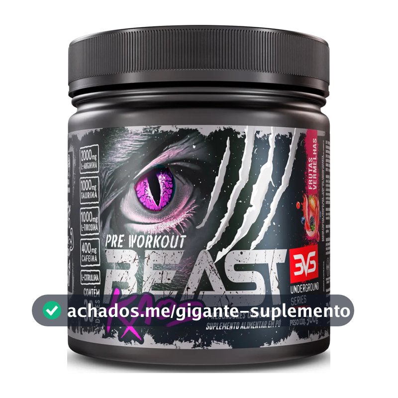 Pré Treino Beast Kaos 300g - Sabor Frutas Vermelhas - Extra Forte Com Citrulina, Beta Alanina, Cafeína, Arginina, Taurina E Tirosina