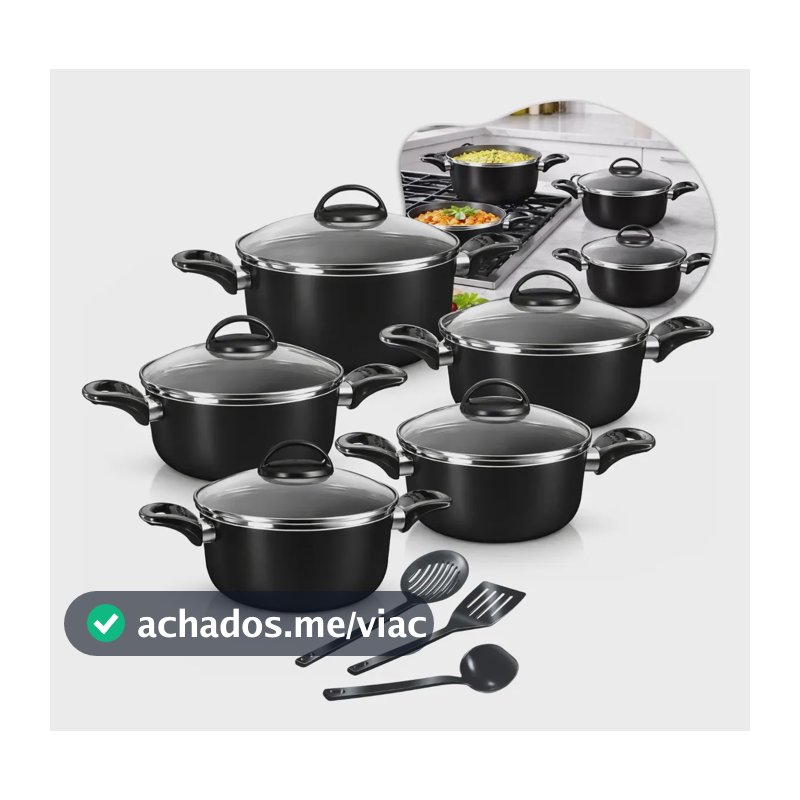 Conjunto De Panelas Caçarolas 5 Peças Antiaderente Com 3 Utensilios E Tampa De Vidro Preto