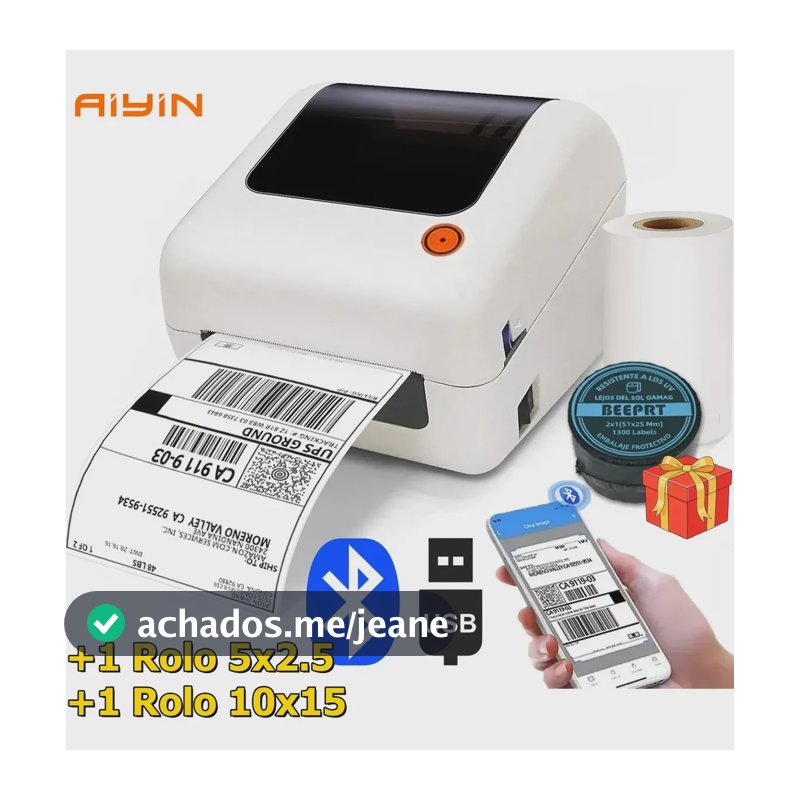 Impressora Térmica Bluetooth USB 110mm Código De Barras E Etiquetas + 2 Rolo De Etiqueta Adesivas Portátil Etiquetas De Envios Com 10 X 15 CM 127/220V Android iOS Windows MAC App Com ML Full SHOPE