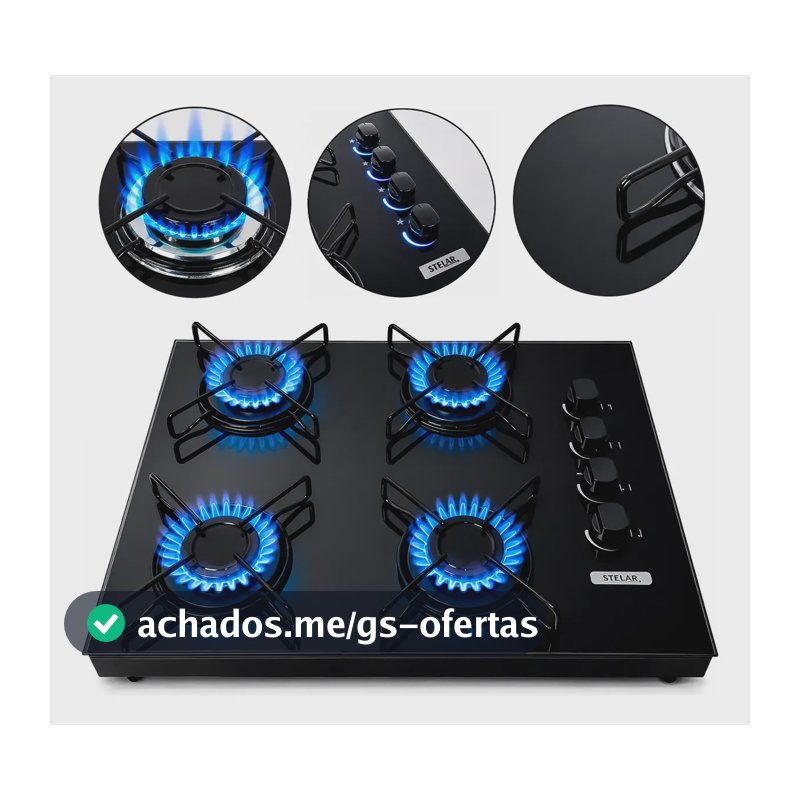 Fogão Cooktop De Mesa Portátil A Gás 4 Bocas Euro Stelar Preto